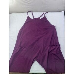 Womens Burgundy Jumpsuit Romper Overalls Wide Leg Elastic Waist Pockets XL